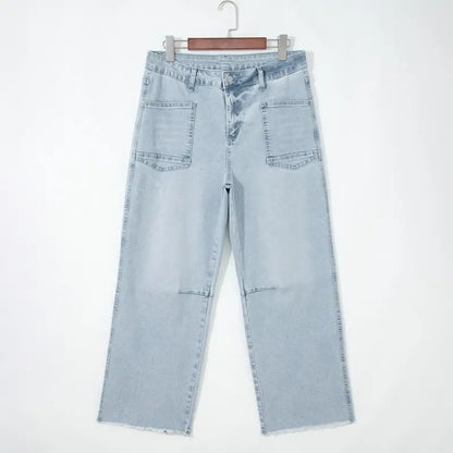 Women's Frayed Cropped Straight Jeans with Pockets
