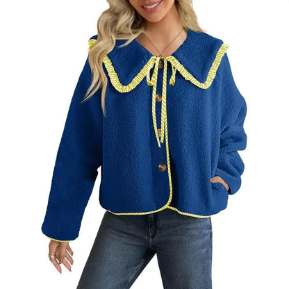 Womens Fuzzy Fleece Jacket Peter Pan Collar Button Down Fall Winter Sherpa Coats