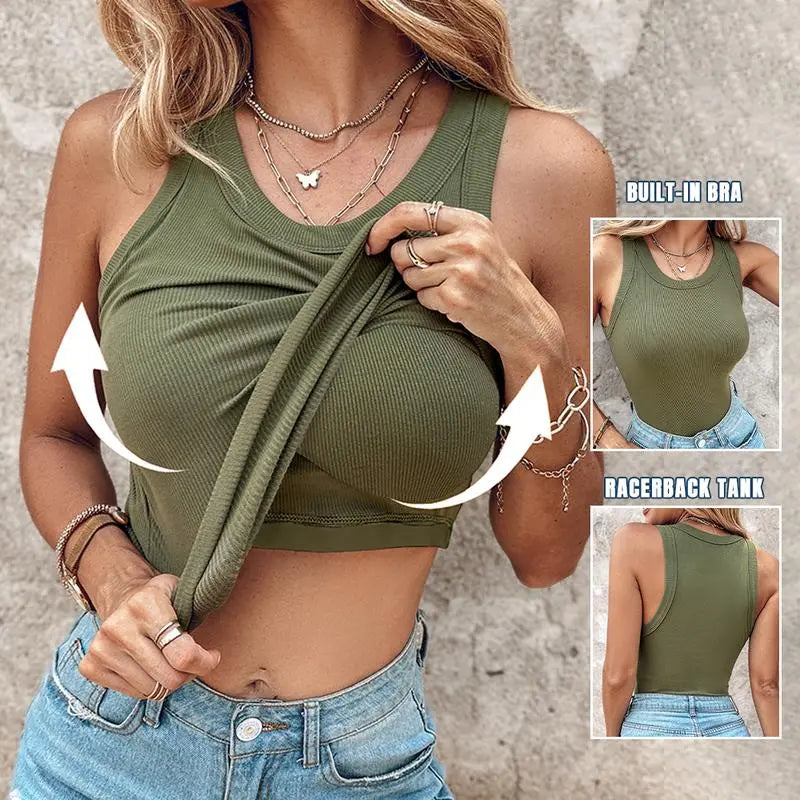 Round Neck Built-in Bra Ribbed Tank Top/Ribbed Built-in Bra Tank Top