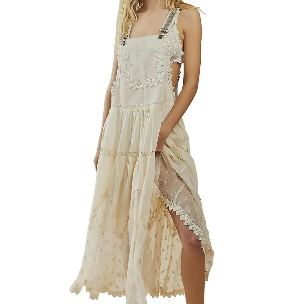 Laced Embroidered Tulle Bib Dress Casual Loose