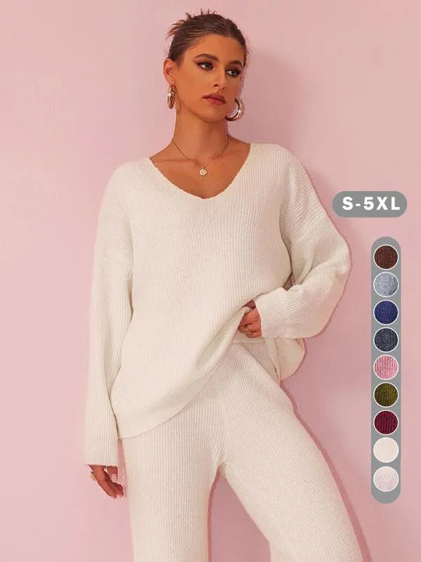 Two-piece Set Women's Solid Color Drop Shoulder Sweater & Pants