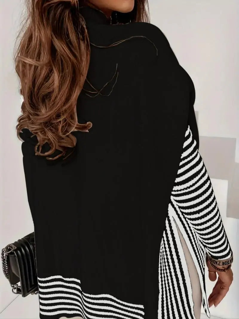 Striped Patchwork Print Batwing Sleeve Split Hem Sweater