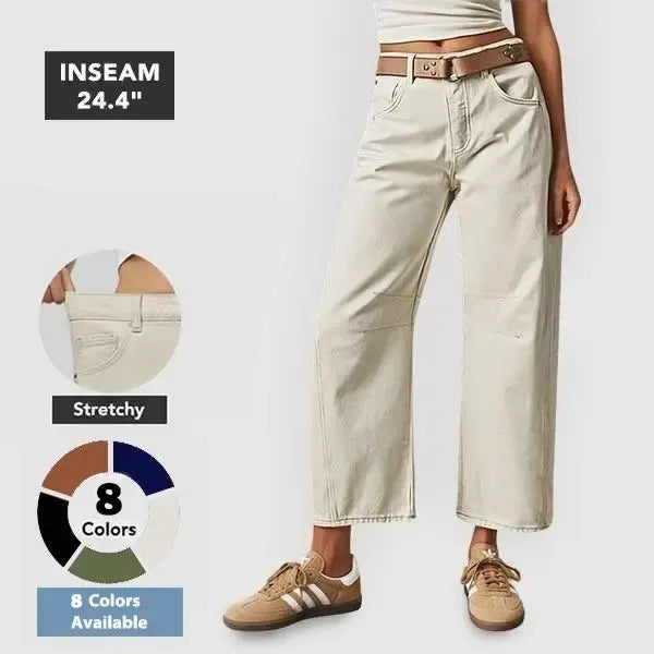 Solid Stitch Detail Mid Waist Crop Baby Barrel Pants