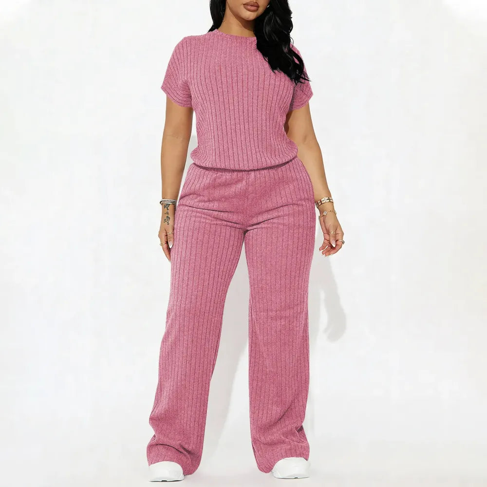 Women's Solid Shortsleeve Crewneck Ribbed Top & Wide Leg Pants