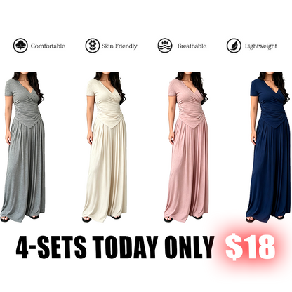 V Neck Wrap Top & High Waist Wide Leg Pants Set