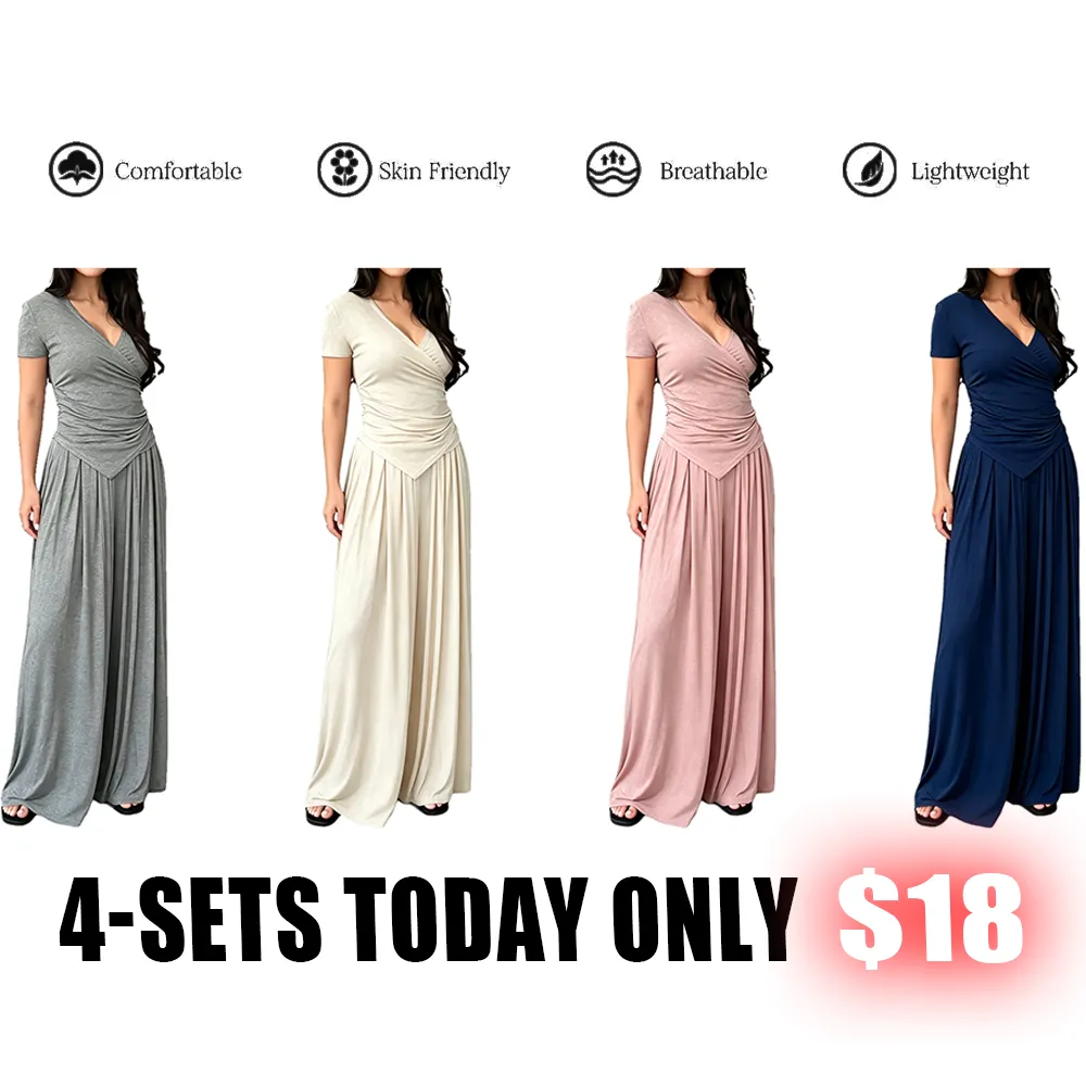 V Neck Wrap Top & High Waist Wide Leg Pants Set