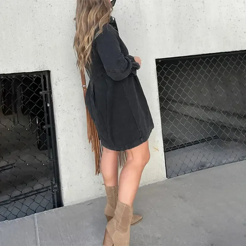Washed Denim Puff Sleeve Mini Dress