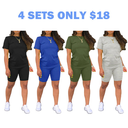 Two-piece Set Women's Fitted Plain Round Neck Tee & Skinny Shorts Set