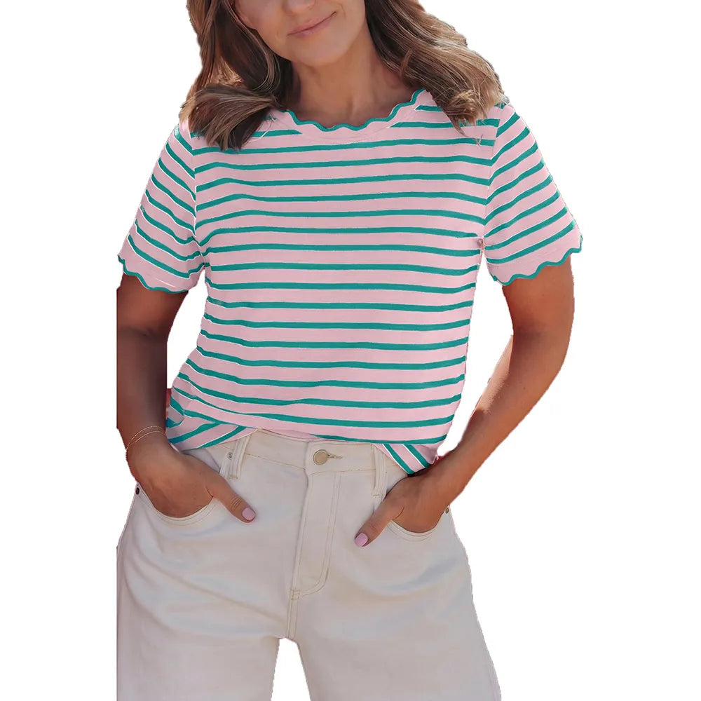 Women's Top Stripe Scalloped Trim Round Neck T Shirt