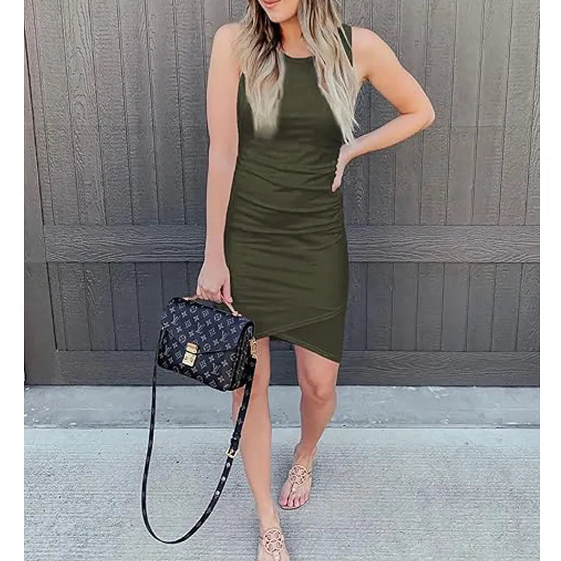 Women's solid color pleated wrap dress
