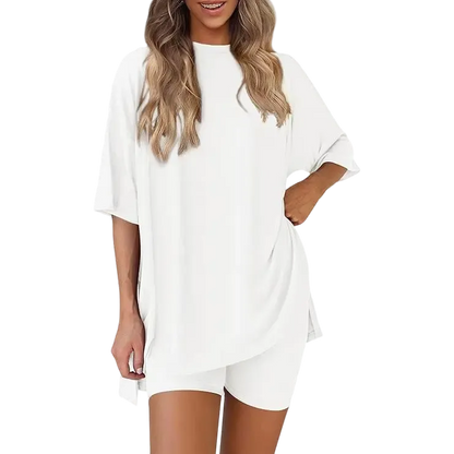 Women's two-piece set: slit-hem shirt paired with shorts