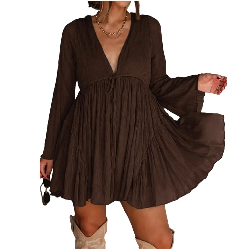 Women's V Neck Long Sleeve Mini Dress