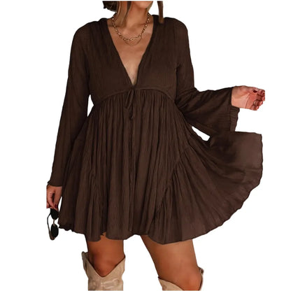 Women's V Neck Long Sleeve Mini Dress