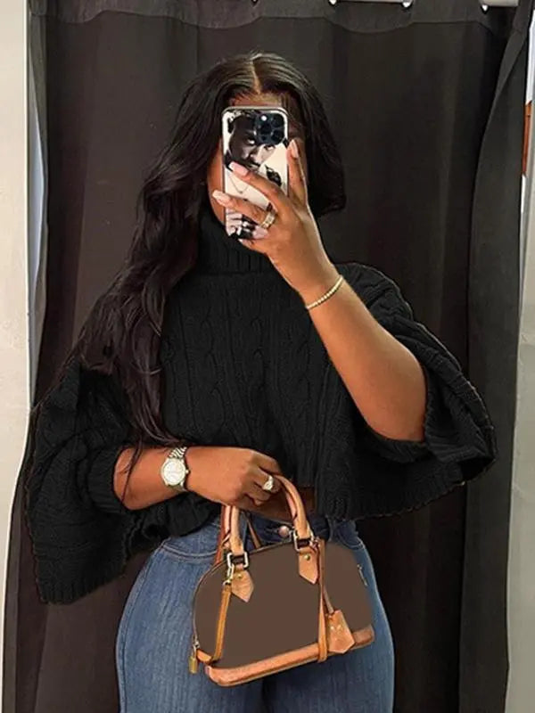 Women's Textured Split Sleeve Turtle Neck Cropped Sweater