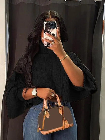 Women's Textured Split Sleeve Turtle Neck Cropped Sweater