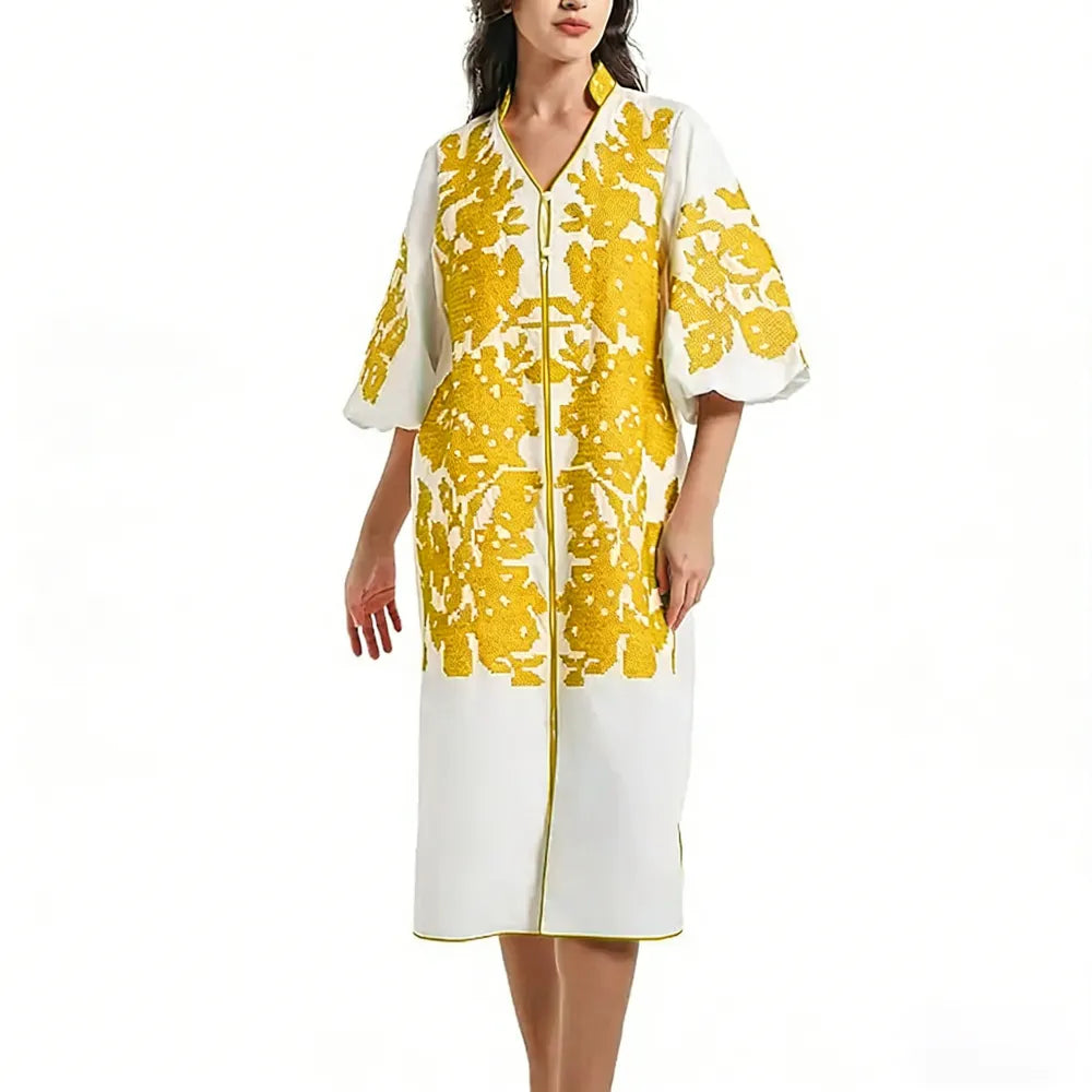 Women Casual V-Neck Mid Dress Floral Embroidery 3/4 Sleeves