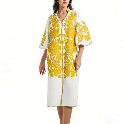 Women Casual V-Neck Mid Dress Floral Embroidery 3/4 Sleeves