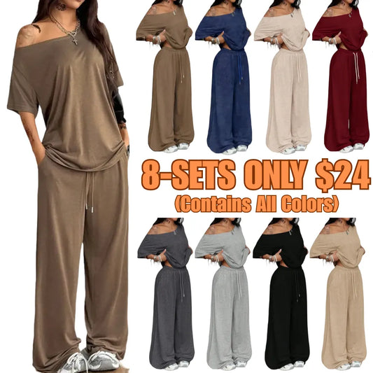 Women's Casual Solid Color Sport Two-Piece Set Loose Long Pants