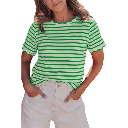 Women's Top Stripe Scalloped Trim Round Neck T Shirt