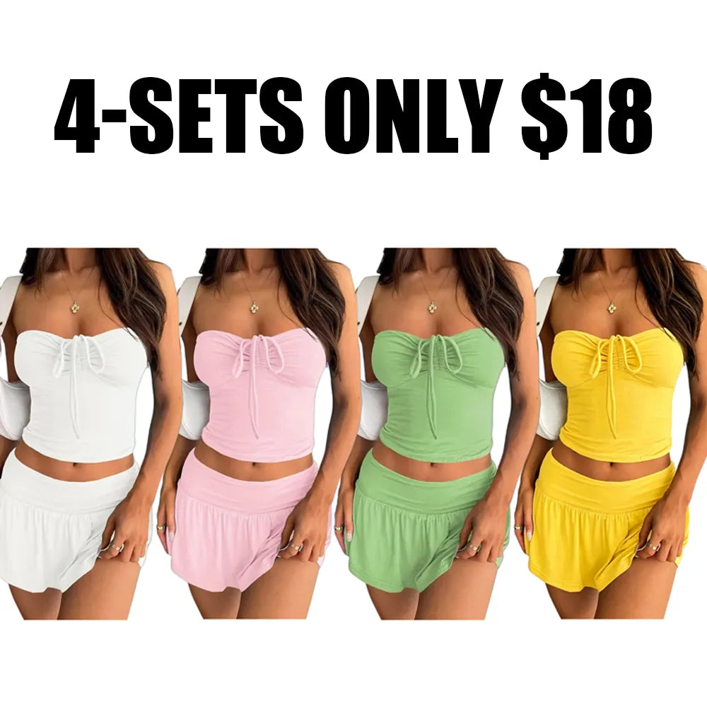Womens 2 Piece Summer Outfits Y2k Crop Tube Tops and Pleated Mini Skirts Beach Sets