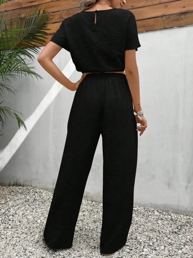 Women's Solid Color Fitted Top & Wide Leg Pants Two-piece Set