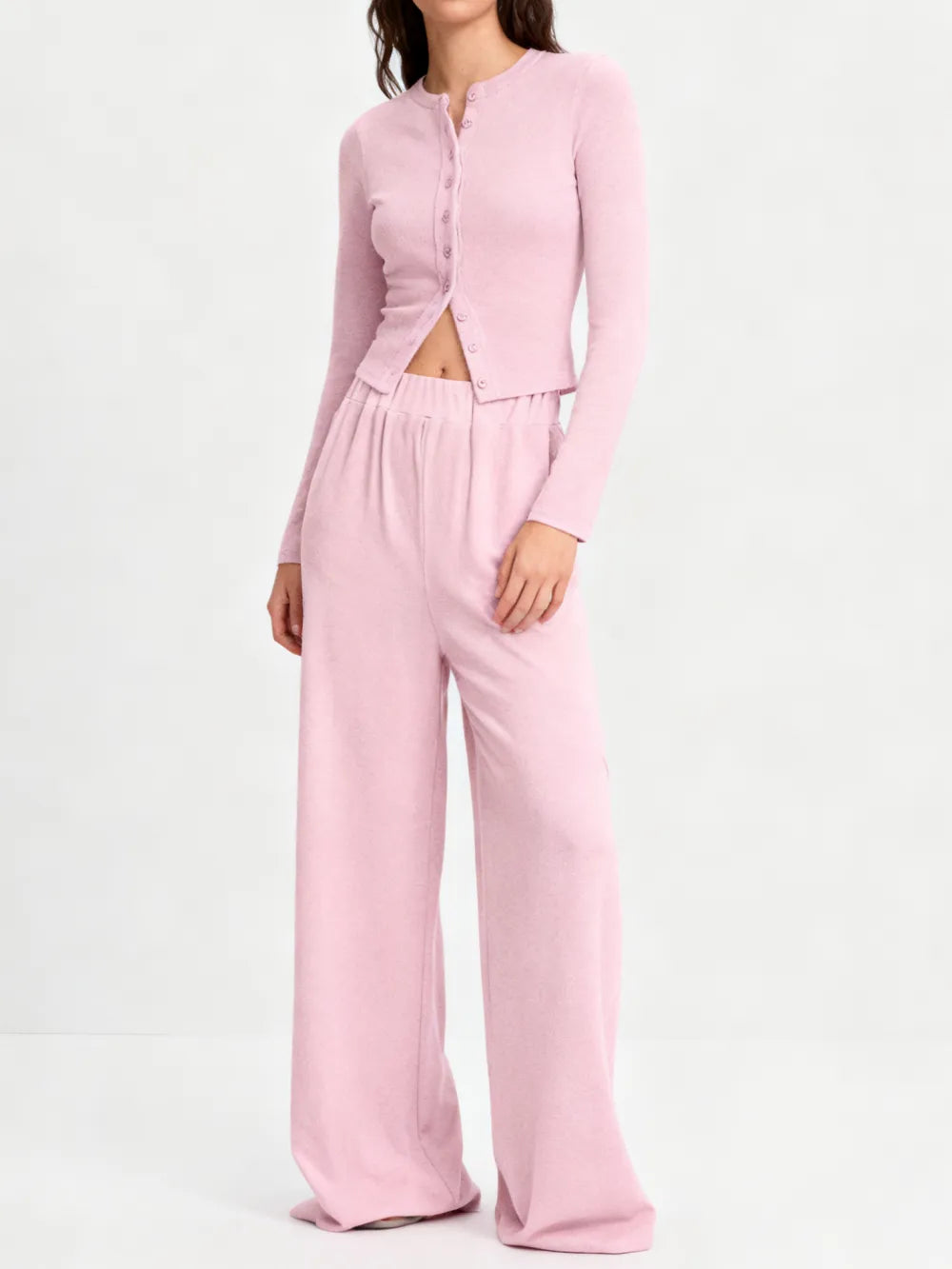 Women's Solid Button Front Ribbed Crop Top & Elastic Waist Pants 2 Piece Set