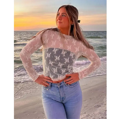 Women‘s Mesh Tops Lace Spring Long Sleeve Shirts