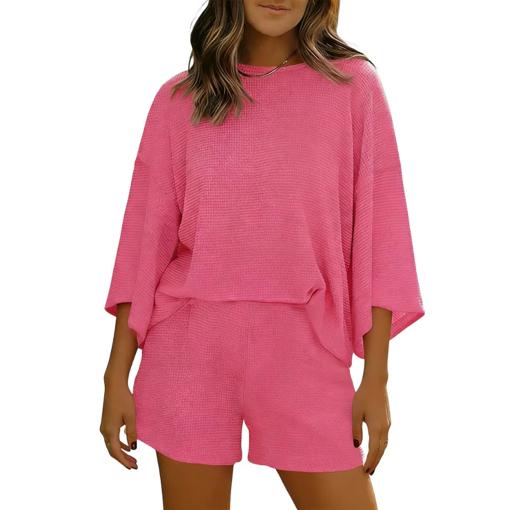 Womens Short Sets 2 Piece Sleeve Tops and Elastic Waist Shorts