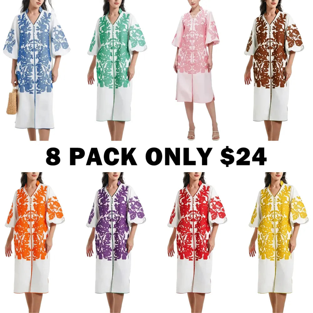Women Casual V-Neck Mid Dress Floral Embroidery 3/4 Sleeves