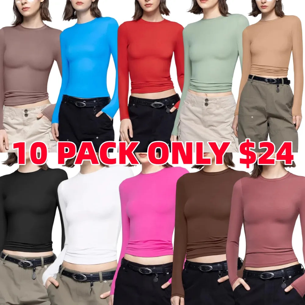 Long Sleeve Basic Tee Women's Crew Neck Slim Fit Tops Streetwear Minimalist Double Layer Compression Tee