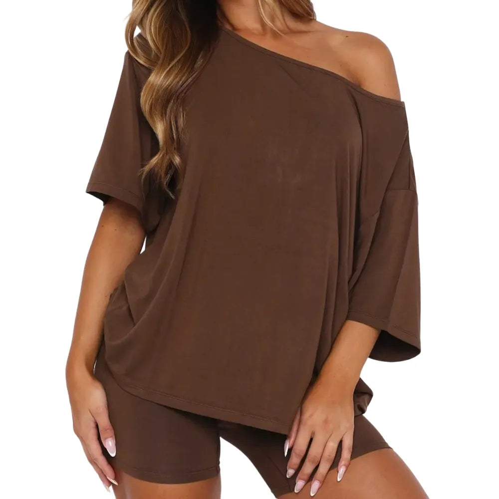 Women’s Casual Two Piece Lounge Set Off Shoulder Top & Fitted Shorts Springtok SpringStatements