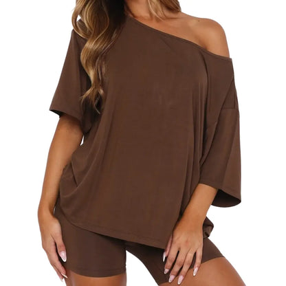 Women’s Casual Two Piece Lounge Set Off Shoulder Top & Fitted Shorts Springtok SpringStatements