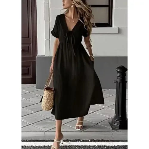 Women's Summer Solid Color V-Neck Cotton Dress