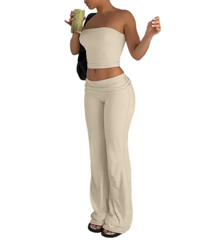 A two-piece set consisting of a cropped bandeau top and wide-leg pants.