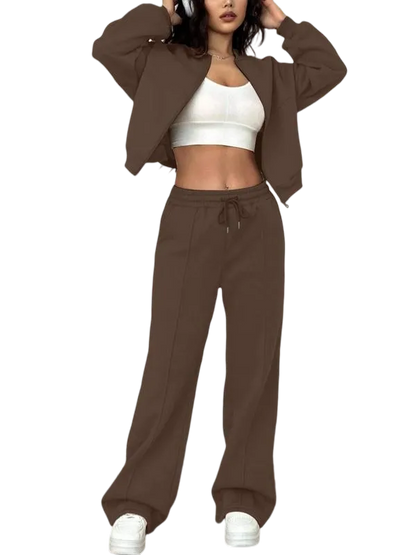 Two-piece Set Women's Solid Zip Up Drop Shoulder Jacket & Pocket Elastic Waist Pants