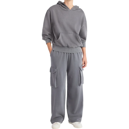 Mineral Washed Oversized Cropped Hoodie + Wide Leg Cargo Sweatpants
