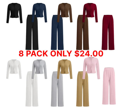 Two-piece Set Women's Solid Button Front Ribbed Crop Top & Elastic Waist Pants