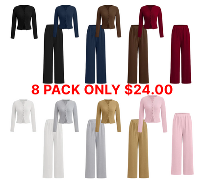 Two-piece Set Women's Solid Button Front Ribbed Crop Top & Elastic Waist Pants