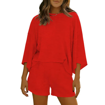 Womens Short Sets 2 Piece Sleeve Tops and Elastic Waist Shorts