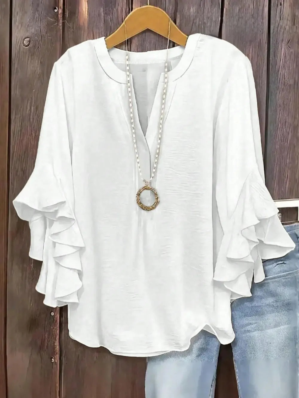 Plus Size Women's Ruffle Sleeve Notched-Neck Fitted Blouse