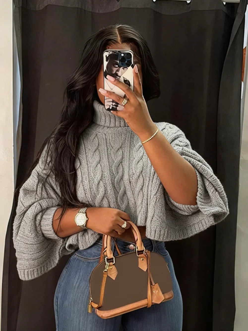 Women's Textured Split Sleeve Turtle Neck Cropped Sweater