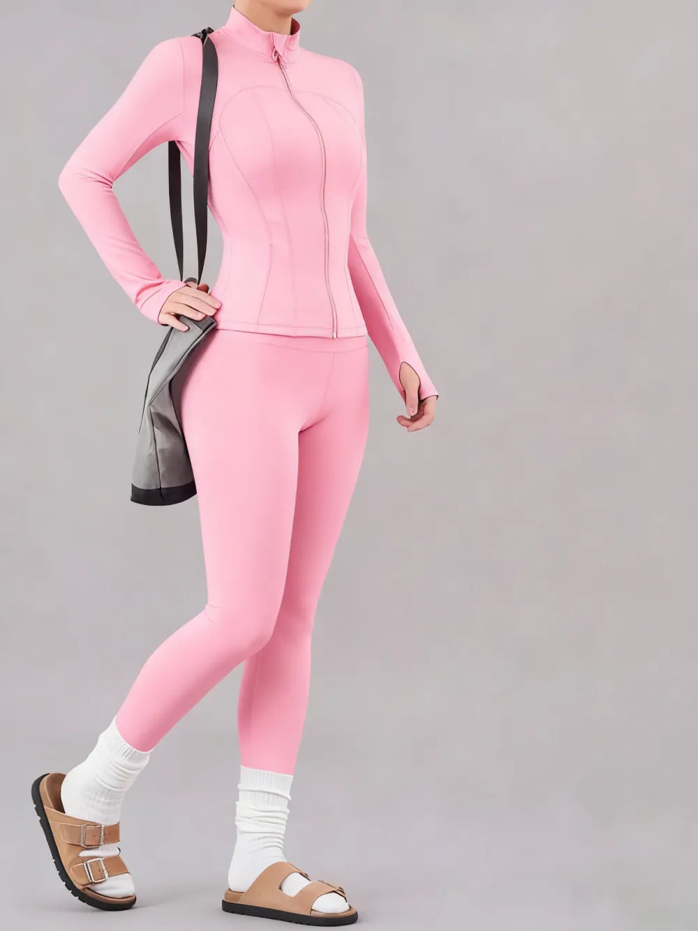 Solid Zip Up Jacket & High Waist Leggings Tracksuit Set