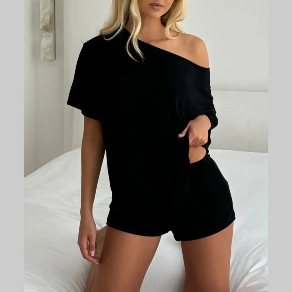 Women’s Casual Two Piece Lounge Set Off Shoulder Top & Fitted Shorts Springtok SpringStatements
