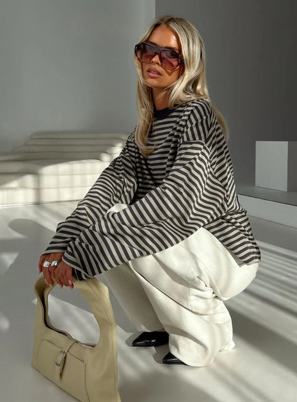 Women Long Sleeve Crew Neck Loose Striped T Shirt