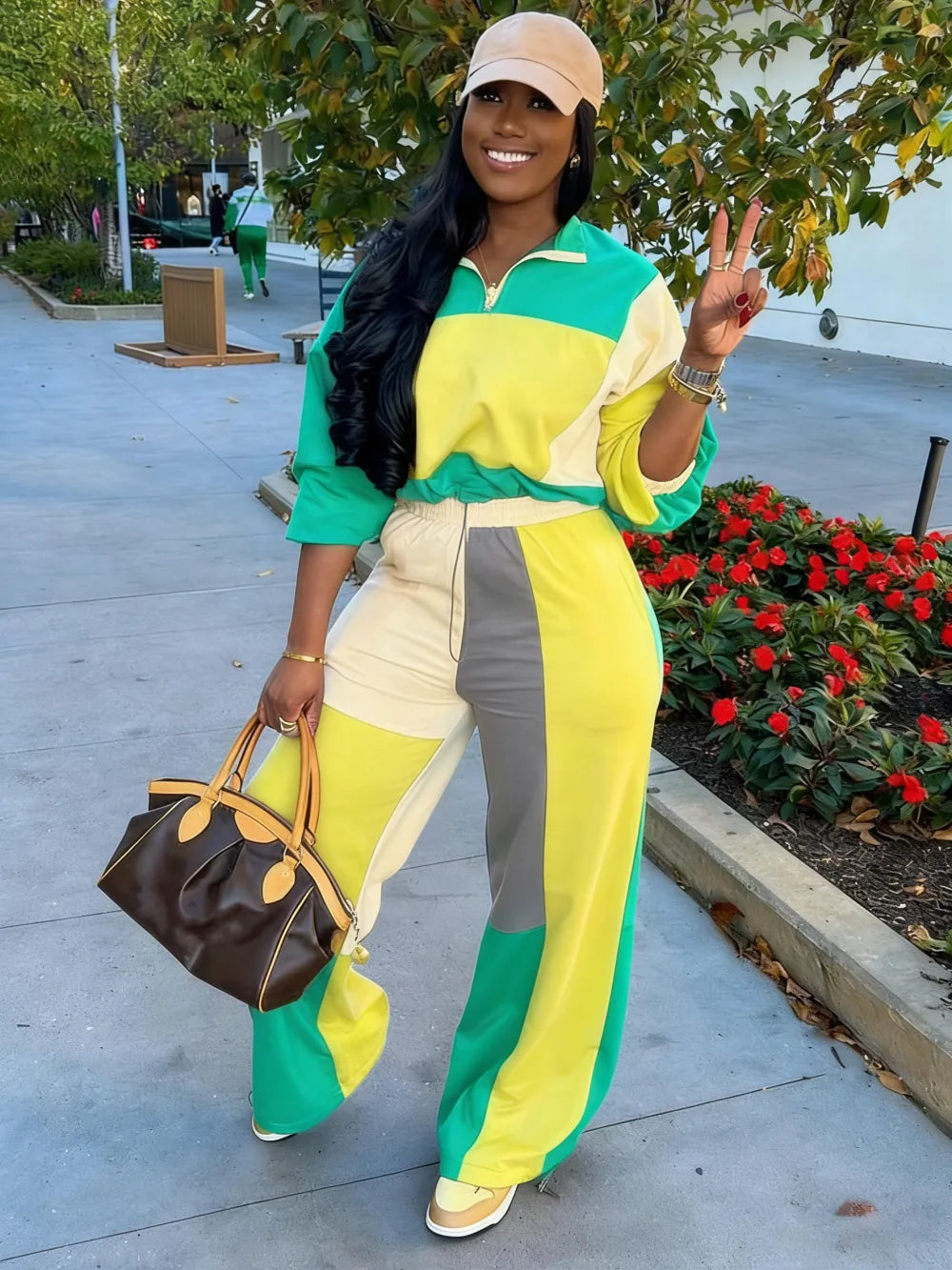 Set Women's Colorblock Zip Up Jacket & Wide Leg Pants