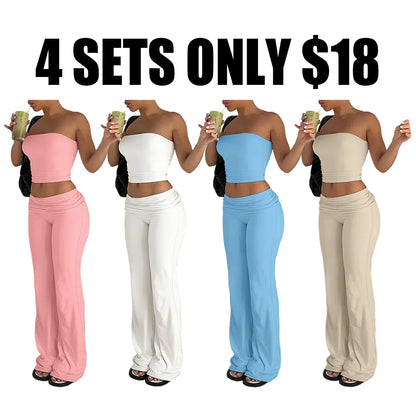 A two-piece set consisting of a cropped bandeau top and wide-leg pants.