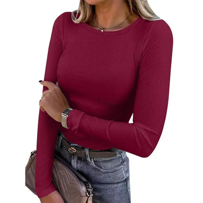 Women Long Sleeve Crewneck Rib Knit Slim Fit Shirts