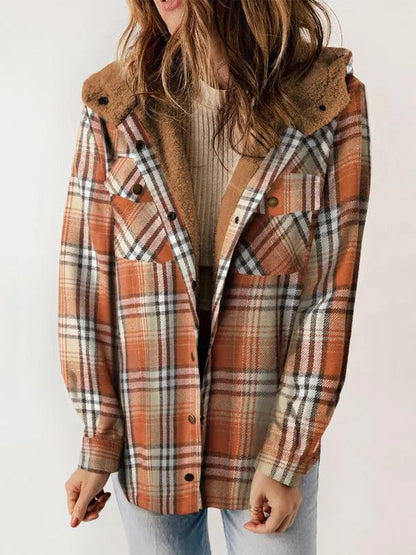 Women's Plaid / Houndstooth Print Button Front Hooded Coat