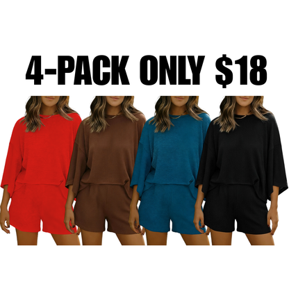 Womens Short Sets 2 Piece Sleeve Tops and Elastic Waist Shorts