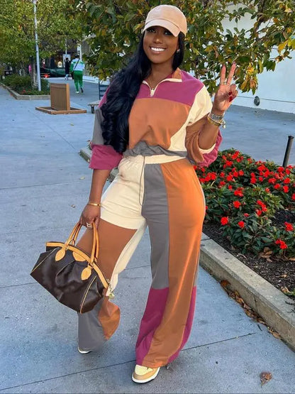 Set Women's Colorblock Zip Up Jacket & Wide Leg Pants